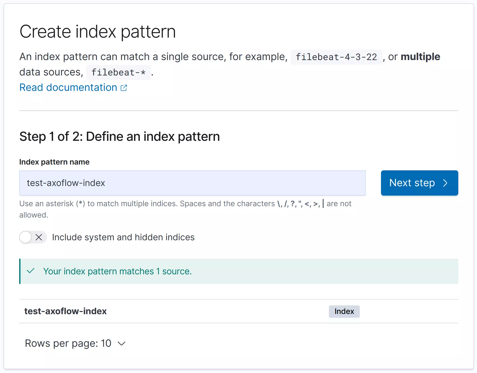 OpenSearch create index pattern for syslog messages screenshot